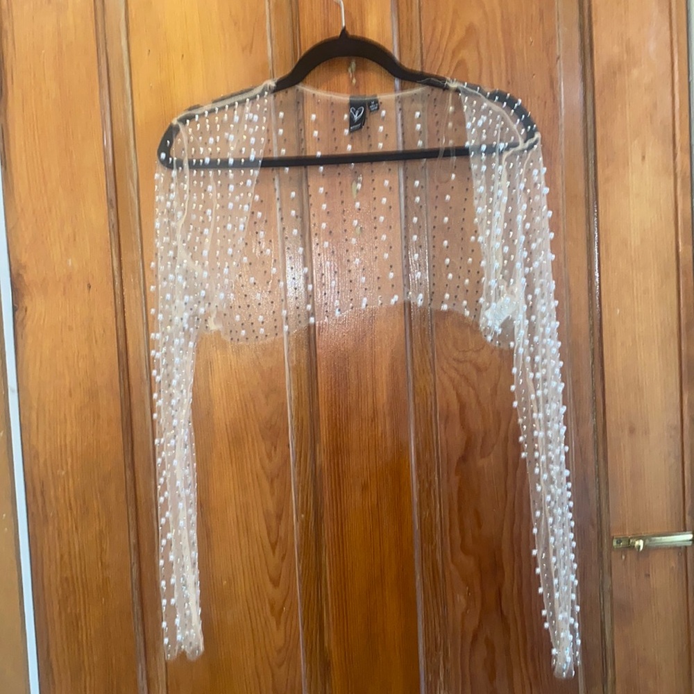 ADORABLE SEE-THROUGH PEARL AND GEM STUDDED LONG SLEEVE SHIRT